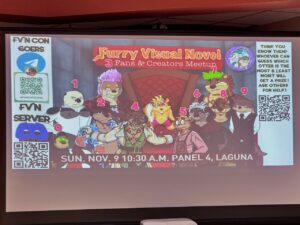 The image shows a promotional poster for a Furry Visual Novel Fans & Creators Meetup. It features nine anthropomorphic animal characters, each numbered. The background includes various colorful designs, including a QR code for attendees. The text invites participants to guess which otter character is the most and least moist for a prize. Event details at the bottom read
