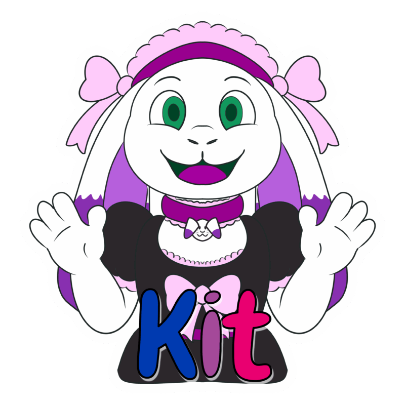 This image is a colorful illustration of a smiling anthropomorphic rabbit character named Kit. The rabbit has large green eyes, white fur, and wears a pink and purple maid's outfit with a frilly headdress. The character's arms are raised in a welcoming gesture. The name Kit is prominently written at the bottom in bold letters, with