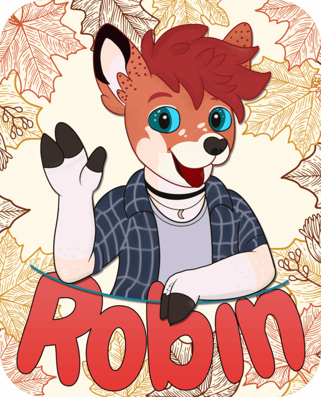 This image features an anthropomorphic fox character with red hair, blue eyes, and two-tone ears. The character is smiling and giving a friendly wave. They are wearing a blue plaid shirt over a light-colored top with a crescent moon necklace. The background is adorned with outlined illustrations of autumn leaves in shades of gold and red. The name Robin