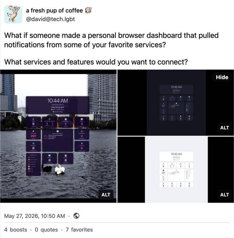The image features a mockup of a personal browser dashboard displayed against a reflective water background. The dashboard shows notifications and updates from various services, organized in a grid format. There are labels indicating time and date at the top, with sections highlighting different notifications. The design is dark-themed with colorful icons and metrics, representing task or message counts. In the corners, there are alternate views of the dashboard, each reflecting notifications and activities from different services or features. On the left, a white swan is visible on the water.