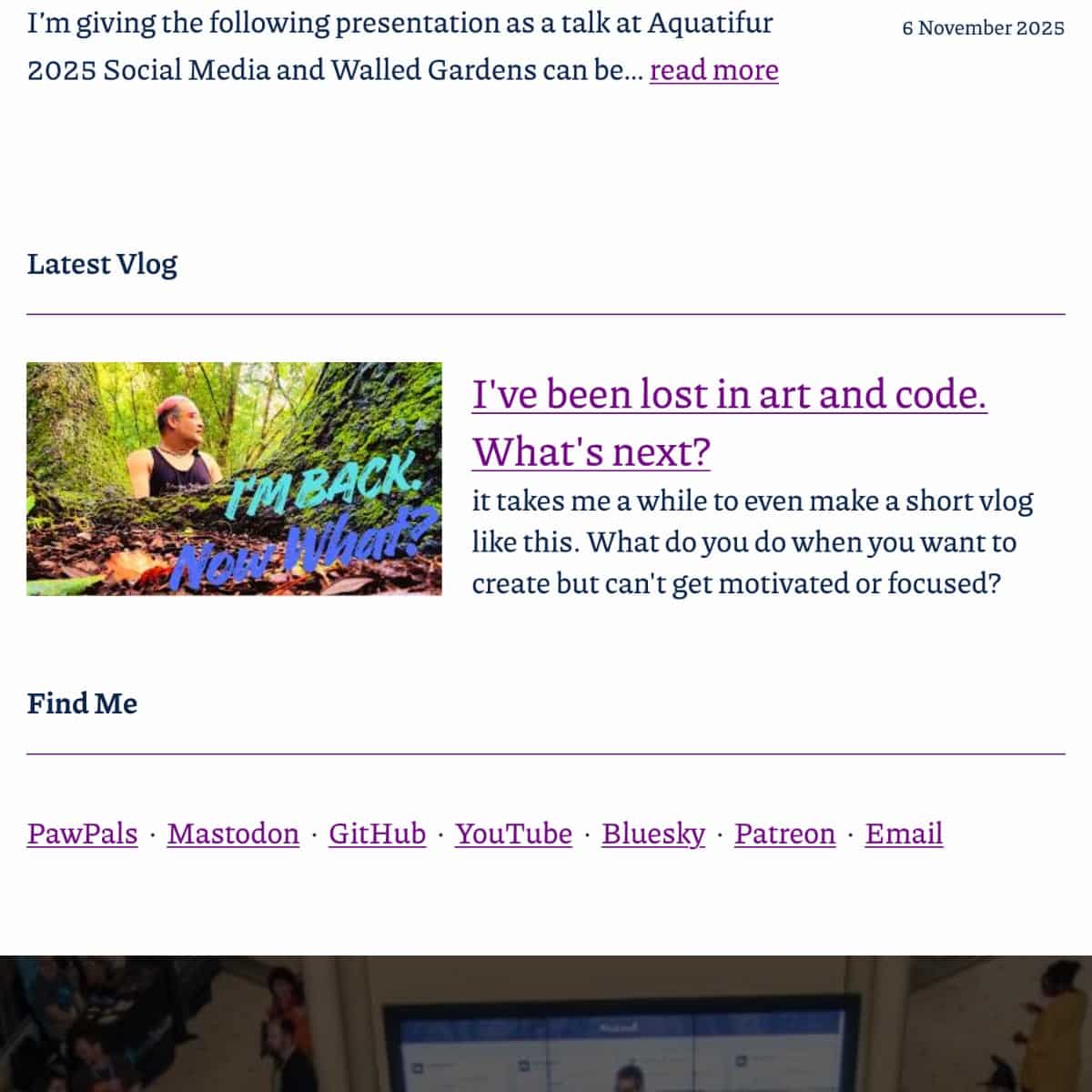 screenshot of the YouTube Playlist Plugin in action on david.garden Screenshot of website homepage featuring presentation announcement, latest vlog about creative motivation, and social media contact links.